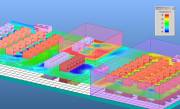 Temperature distribution in a raised-floor data center with multiple closed rooms above the raised floor that share a common plenum.  &raquo; Click to zoom ->